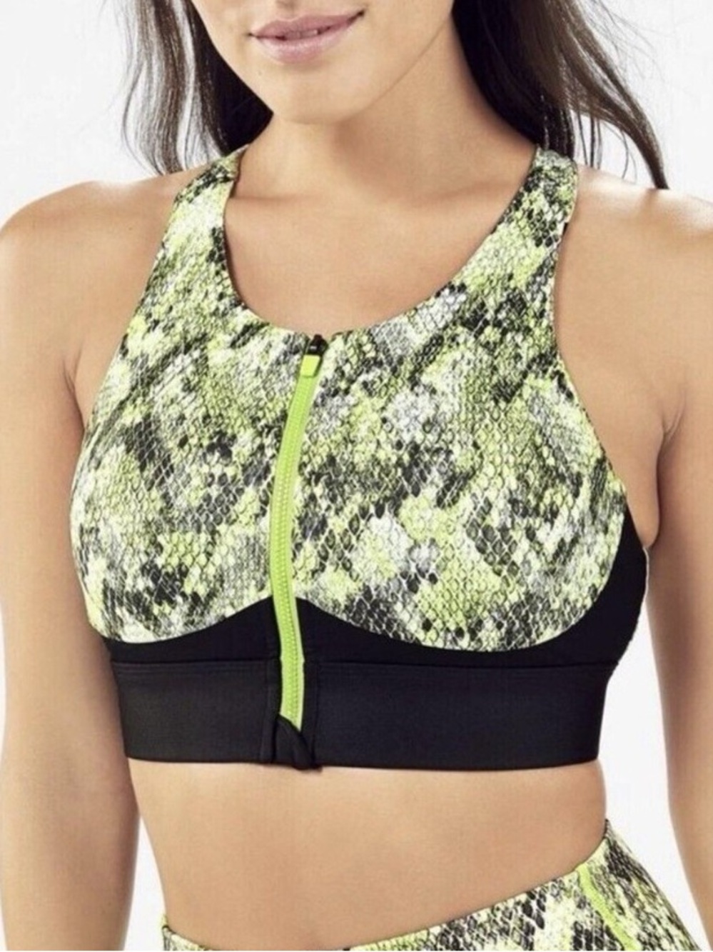Fabletics Front Zip High Impact Sports Bra in Citron Asper/Black Size Medium